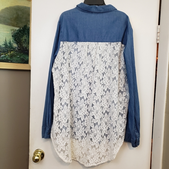 Justify denim with lace back button up shirt plus size - Picture 4 of 7